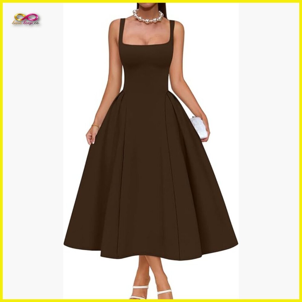 Elegant Square Neck Swing A Line Midi Dress Formal Evening Party Wear